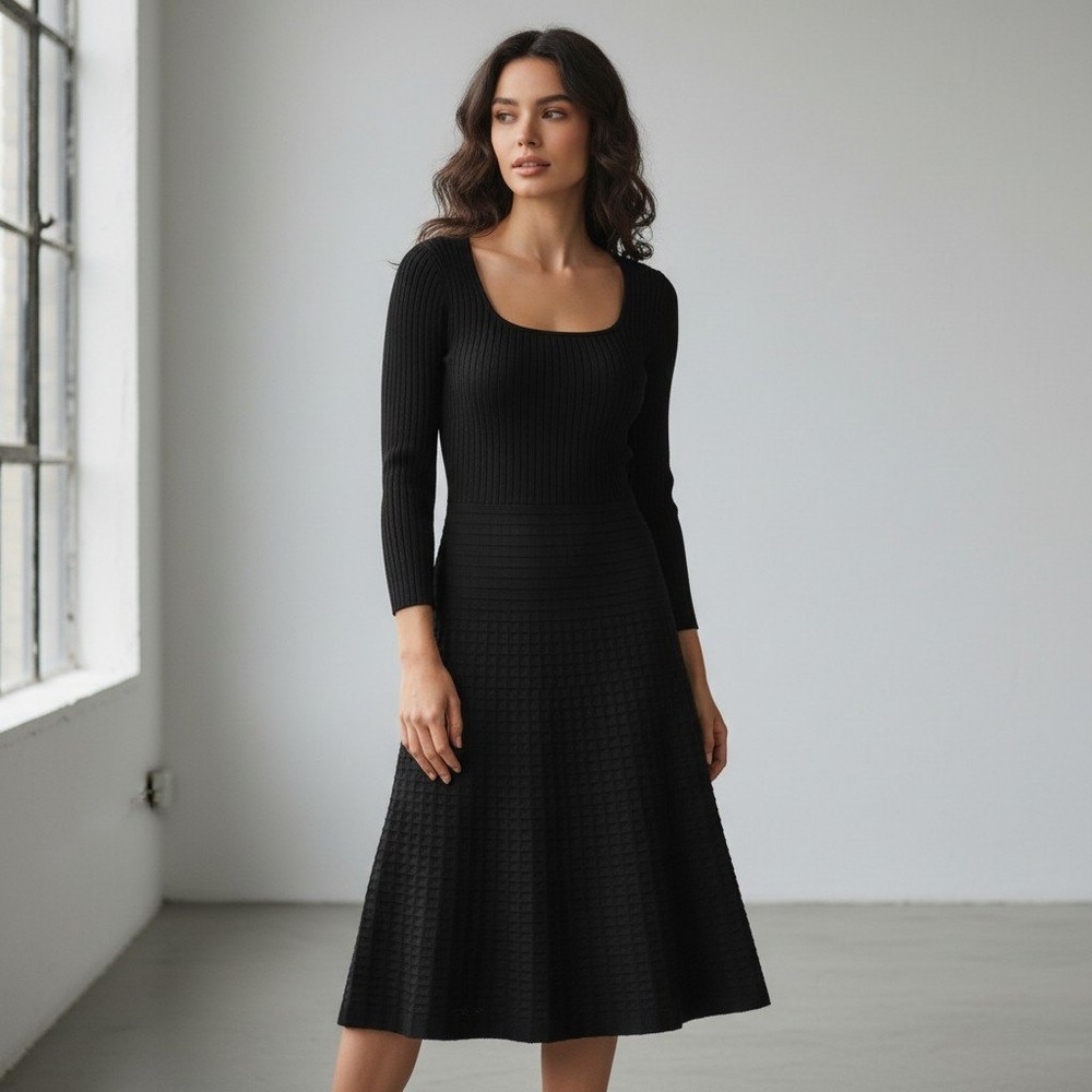 Tory Burch Black Ribbed Textured Knit Long Sleeve Scoop Neck Midi Dress Small
